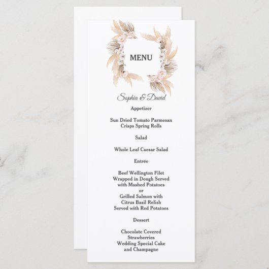 Pampas Grass White Orchid Rozen Weddenschap Menu (Voorkant / Achterkant)
