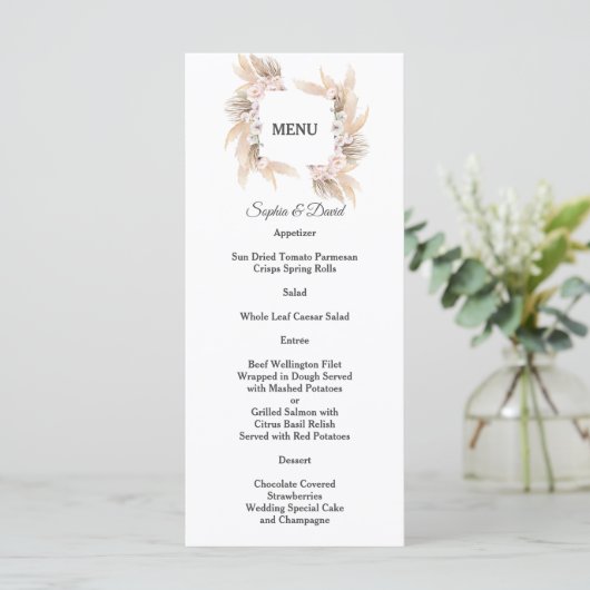 Pampas Grass White Orchid Rozen Weddenschap Menu (Staand voorkant)