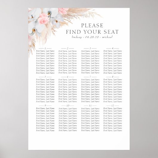 Pampas Grass White Orchids Wedding Seding Chart Poster (Voorkant)