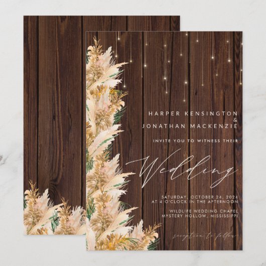 Pampas Grass Wood Twinkle Lights Boho Wedding Kaart (Voorkant / Achterkant)