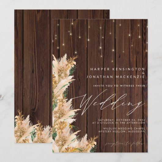 Pampas Grass Wood Twinkle Lights Boho Wedding Kaart (Voorkant / Achterkant)