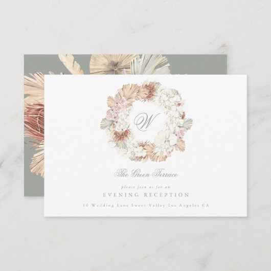 Pampas Krans Mos Sagegroen Monogram Elegant Informatiekaartje (Voorkant / Achterkant)