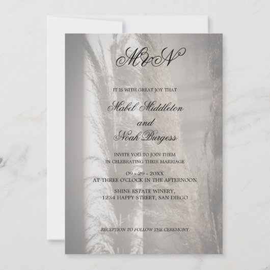 Pampas Mariage Romantique Script Invitation (Devant)