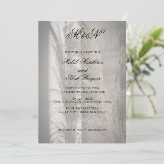 Pampas Mariage Romantique Script Invitation (Debout devant)