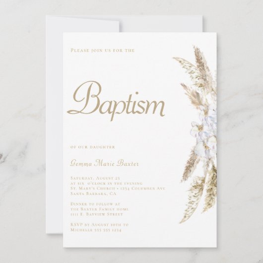 Pampas moderne Grass Blanc Or Baptême Invitation (Devant)