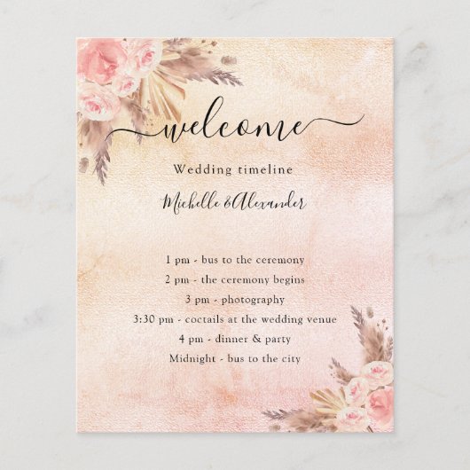 Pampas roos bloemenbruiloft programma tafel nummer (Voorkant)