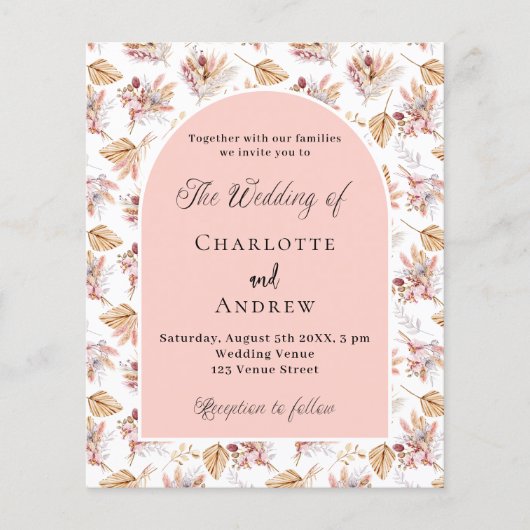 Pampas roos gouden budget bruiloft uitnodiging (Voorkant)