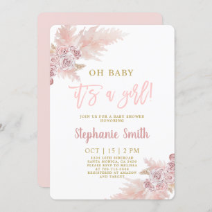 Pampas Rose Baby shower Grass Invitation fille