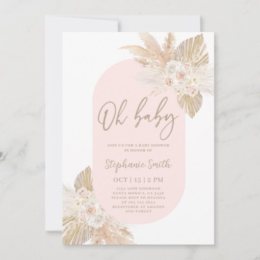 Pampas rose Baby shower Invitation fille (Devant)