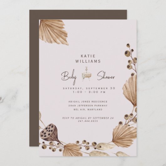 Pampas rose et Brown Baby shower Invitation (Devant / Derrière)