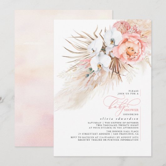 Pampas Rose Floral Baby shower Grass Invitation (Devant / Derrière)