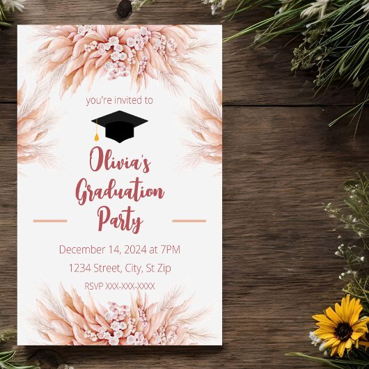 Pampas Rose Grass Boho Invitation de graduation