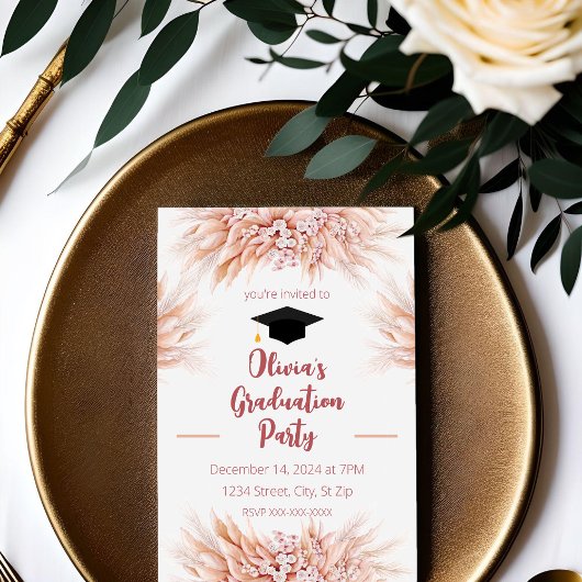 Pampas Rose Grass Boho Invitation de graduation