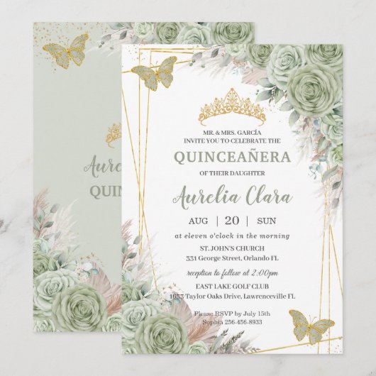 Pampas Sage Green Floral Butterflies Quinceañera Kaart (Voorkant / Achterkant)