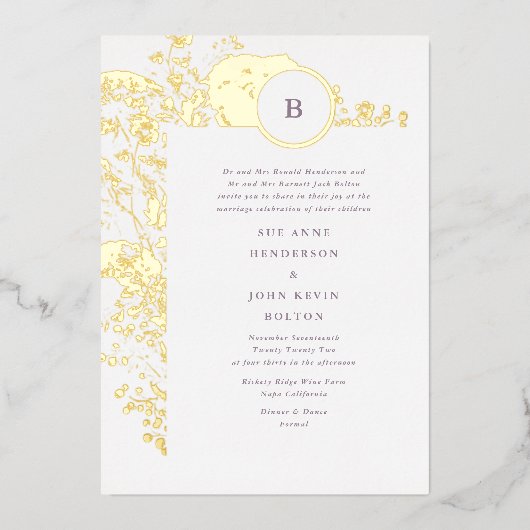 Pampas Wedding met Gold Leaf Spring Boho Folie Uitnodiging (Voorkant)