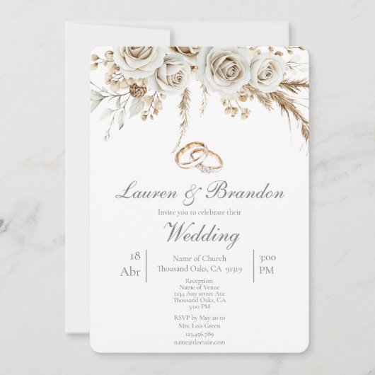 Pampas white boho Wedding invitation (Devant)