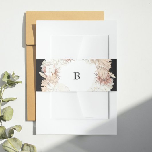 Pampas Wreath Onyx Black Premium Elegant Monogram Uitnodigingen Wikkel