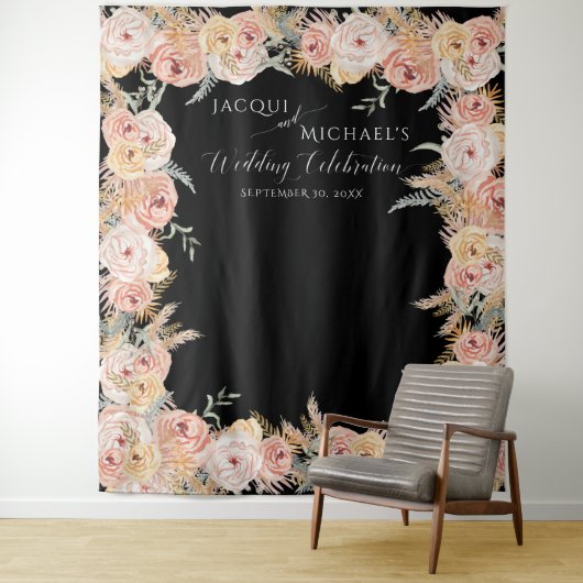 Pampasgras Boho Bloem Roze Rozen Bruiloft Wandkleed (In situ)