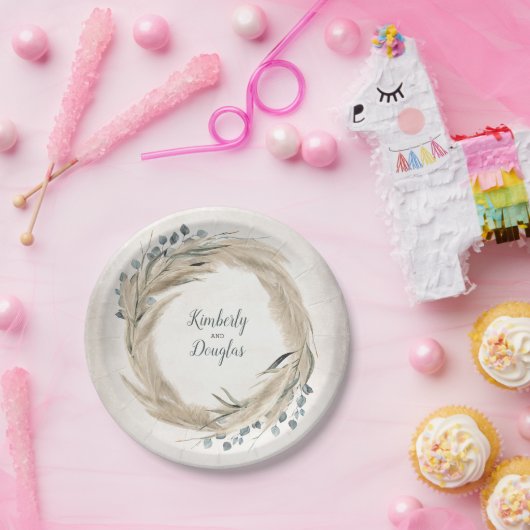 Pampasgras en groene krans bruiloft papieren bordje (Feest)