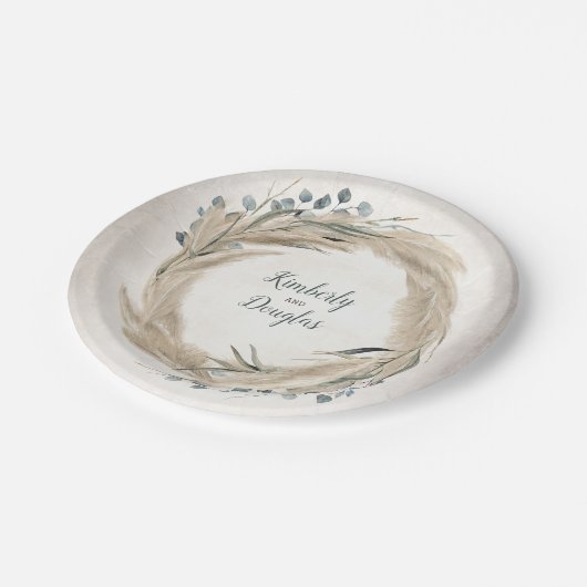 Pampasgras en groene krans bruiloft papieren bordje (Gekanteld)