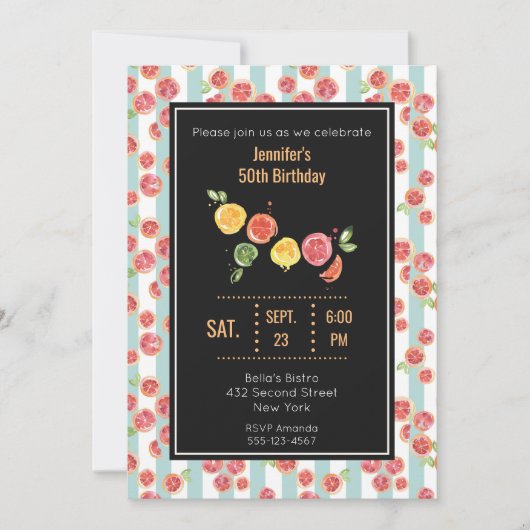 Pamplemousse rose sur Green Stripes Invitation (Devant)