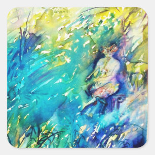 PAN SPEELT VLOOT EN DEER IN GROENE WOODLAND VIERKANTE STICKER