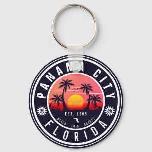 Panama City Beach Florida Retro Zonsondergang Palm Sleutelhanger