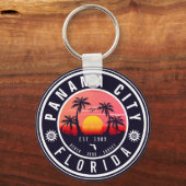 Panama City Beach Florida Retro Zonsondergang Palm Sleutelhanger (Voorkant)
