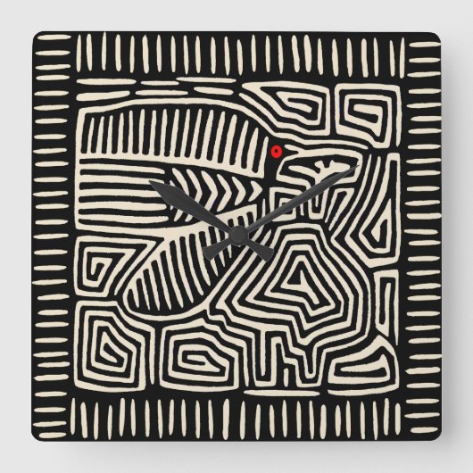 Panama Kuna Indian Mola Pajaro - Black White Vierkante Klok (Voorkant)