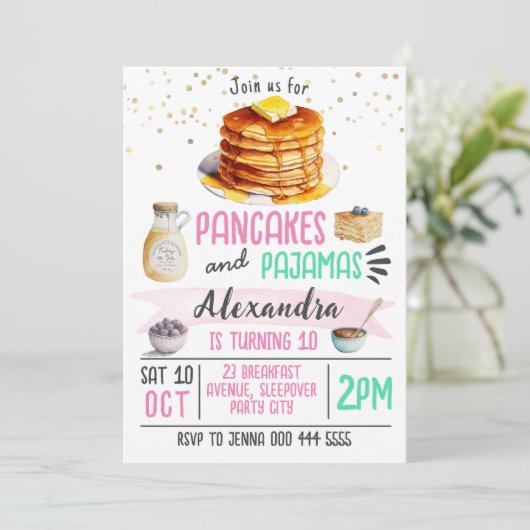 Pancakes et pyjamas couché Invitation Anniversaire (Debout devant)