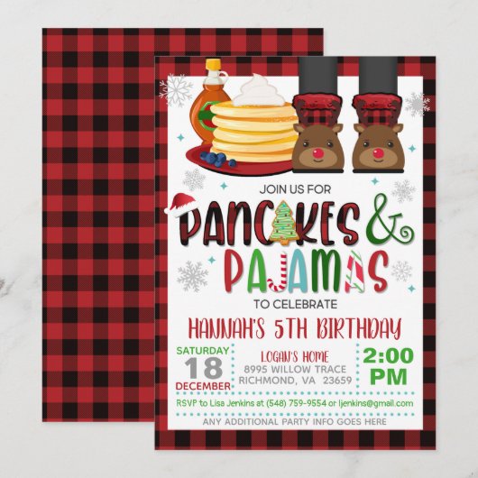 Pancakes & Pajamas Christmas Birthday Invitation W (Devant / Derrière)