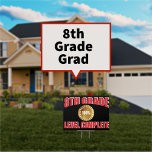 Pancarte 8e année Niveau Funny Complet Gold Graduatiation<br><div class="desc">Amusez-vous à célébrer la réussite de vos élèves du secondaire de 8e année. Le panneau de fin d'études amusant indique que le niveau de 8e année est complet. Design d'art graphique moderne en rouge, blanc, faux or et noir. Amusez-vous comme un étalage dans votre cour ou votre fenêtre. Idéal aussi...</div>