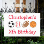 Pancarte Anniversaire du sport<br><div class="desc">Enfants sportifs cadeaux d'anniversaire avec ballon de football,  baseball,  football et basket</div>