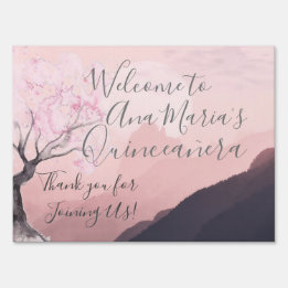 Pancarte Misty Mountain Haze au coucher du soleil rose et n