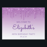 Pancarte Purple Parties scintillant Drip 40th Birthday Driv<br><div class="desc">Bienvenue aux invités à sa fête de 40e anniversaire de voiture avec ce panneau chic de cour, avec une bordure brillante violet fausse parties scintillant goutte-à-goutte et violet ombre arrière - plan. Personnalisez-le avec le nom de l'invitée d'honneur en écriture manuscrite violette, avec son anniversaire et la date ci-dessous en...</div>