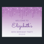 Pancarte Purple Parties scintillant Drip 40th Birthday Driv<br><div class="desc">Bienvenue aux invités à sa fête de 40e anniversaire de voiture avec ce panneau chic de cour, avec une bordure brillante violet fausse parties scintillant goutte-à-goutte et violet ombre arrière - plan. Personnalisez-le avec le nom de l'invitée d'honneur en écriture manuscrite violette, avec son anniversaire et la date ci-dessous en...</div>