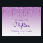 Pancarte Purple Parties scintillant Drip 80th Birthday Part<br><div class="desc">Bienvenue aux invités à sa fête de 80e anniversaire avec cette enseigne chic de cour, avec une bordure étincelante violacée fausse parties scintillant drip et arrière - plan violet ombre. Personnalisez-le avec le nom de l'invitée d'honneur en écriture manuscrite violette, avec son anniversaire et la date ci-dessous en police sans...</div>