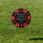 Pancarte Red Parties scintillant Poker Chip Casino Mariage<br><div class="desc">Célébrez en style avec ce mariage de puces de poker tendance signe d'accueil. Le design est facile à personnaliser avec votre libellé d'événement spécial et vos invités seront ravis quand ils verront cette magnifique signalisation personnalisée.</div>