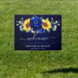 Pancarte Royal Blue Rustic Tournesol Mariage moderne Bienve<br><div class="desc">Élégant et moderne signe de mariage campagnard rustique avec tournesol jaune vif, pivoines bleues royales, souffle bébé, cadre floral gypsophila / couronne avec feuilles eucalyptus. S'il vous plaît trouver d'autres modèles et variantes de mon magasin "blissweddingpaperie". Et n'hésitez pas à me contacter pour plus de personnalisation ou de correspondance d'articles....</div>