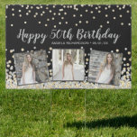 Pancarte Silver Gold Confetti Photo Collage 50e anniversair<br><div class="desc">Elegant custom birthday banner design featuring gold and silver confeti over a black background,  modern typographiy with the words "Happy 50th Birthday" with your name and date (en silver) and three of your favorite framed in metallic silver foil.</div>
