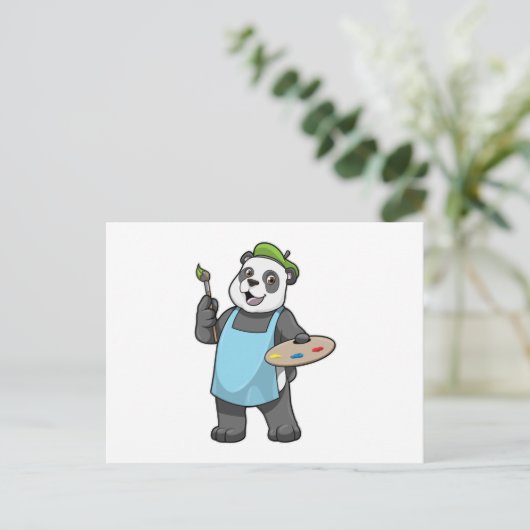 Panda als schilder met penseel en kleur briefkaart (Staand voorkant)