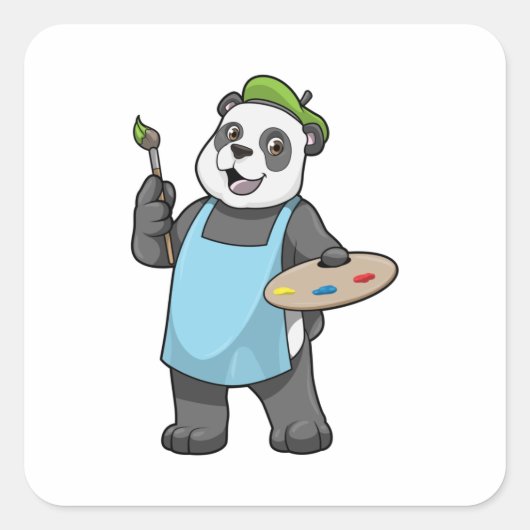 Panda als schilder met penseel en kleur vierkante sticker (Voorkant)