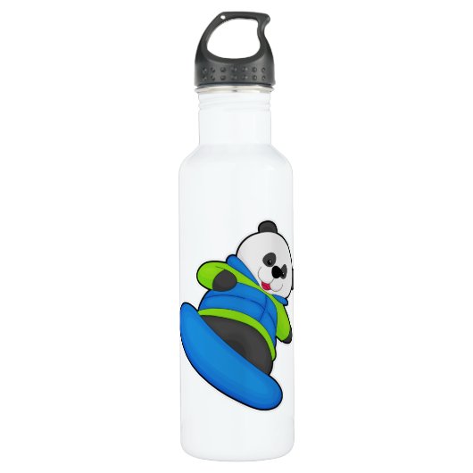 Panda als Snowboarder met Snowboard Waterfles (Voorkant)