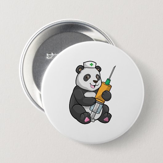 Panda als verpleegster met spuit ronde button 7,6 cm (Voorkant /achterkant)