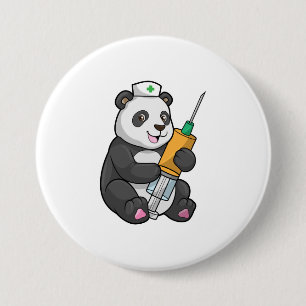 Panda als verpleegster met spuit ronde button 7,6 cm