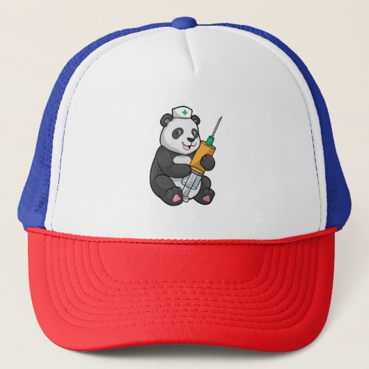 Panda als verpleegster met spuit trucker pet (Voorkant)