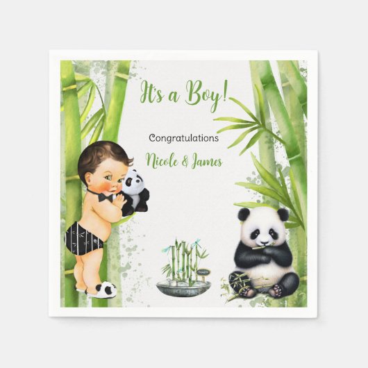 Panda Bamboe Thema Baby Jongen Zwart Wit Groen Servet (Voorkant)