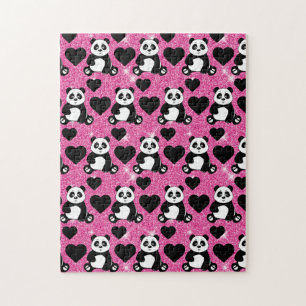 Panda Beer Dierenliefhebber Zwarte Harten Roze Gli Legpuzzel