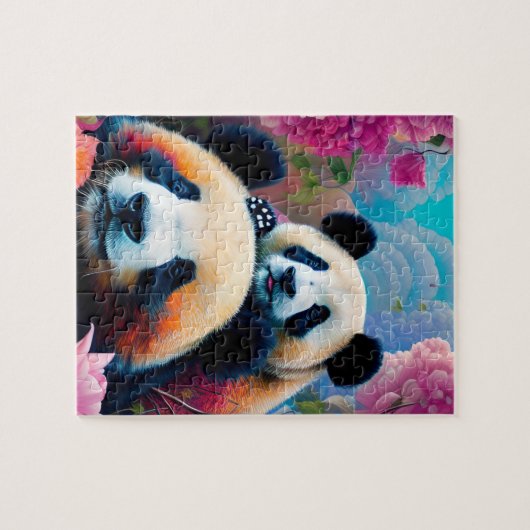 Panda Beer en Cub met Bloemen Legpuzzel (Horizontaal)