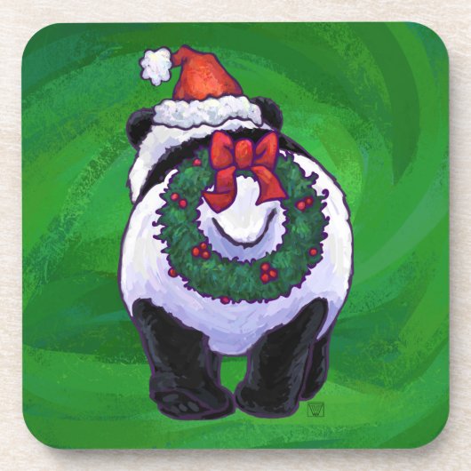 Panda-Beer in Santa Hat op groen Bier Onderzetter (Voorkant)
